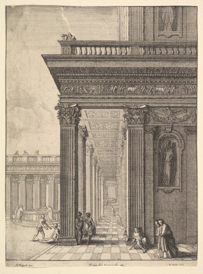 Temple courtyard with figures, after David Teniers the Elder, 1625-77 by Wenceslaus Hollar
