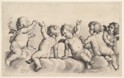 Three Cherubs and Two Boys on Clouds by Wenceslaus Hollar