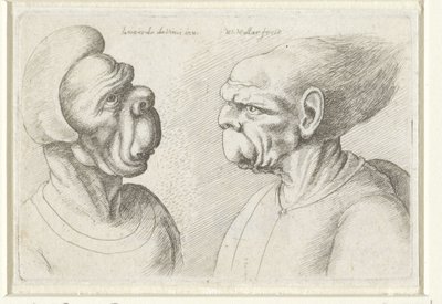 Two Deformed Heads Caricatures, Heads and Deformations after Leonardo da Vinci (series title) by Wenceslaus Hollar