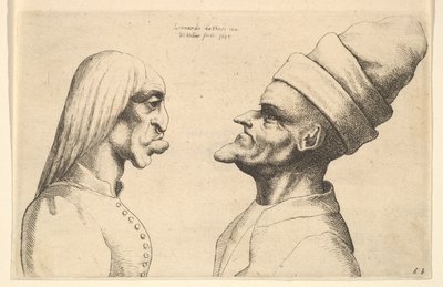 Two deformed heads facing each other by Wenceslaus Hollar