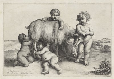 Four Boys, a Satyr and a Goat Standing to the Right (series title: Putti and Satyrs) by Wenceslaus Hollar
