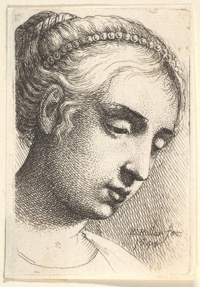 Woman with string of pearls in her hair looking downwards to right by Wenceslaus Hollar