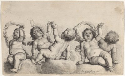 Three Cherubs and Two Boys Each Raising One Arm on Clouds by Wenceslaus Hollar, after Peeter van Avont