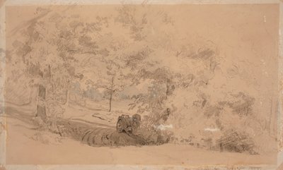 Forest Landscape with Horse and Cart; Forest Landscape, Man Fishing on a Bridge (Double-sided Work) by Werner Holmberg
