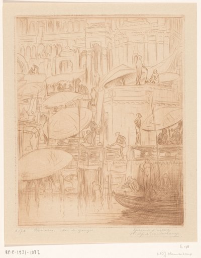 Bathing and Praying Men and Women on the Banks of the Ganges in Benares by Wijnand Otto Jan Nieuwenkamp (signed by artist)