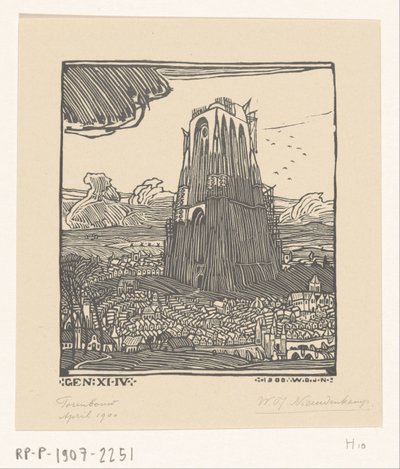 Construction of the Tower of Babel by Wijnand Otto Jan Nieuwenkamp (signed by artist)