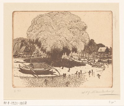 View of Loloan Barat in Bali by Wijnand Otto Jan Nieuwenkamp (signed by artist)