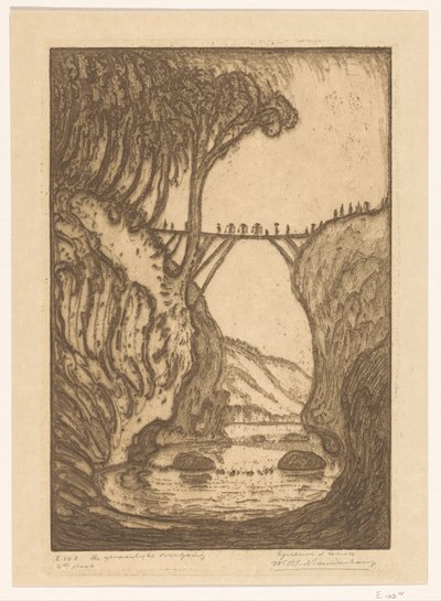Wooden Bridge over a River Gorge in Bali (original title: The Dangerous Crossing) by Wijnand Otto Jan Nieuwenkamp (signed by artist)