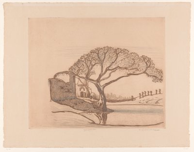 Houses, Tree by Pond, and Women with Water Jugs on Their Heads (Near Cairo) by Wijnand Otto Jan Nieuwenkamp (signed by artist)