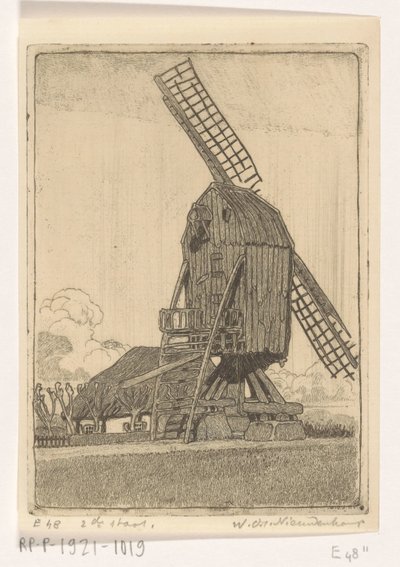 Windmill with Two Blades near Bennekom by Wijnand Otto Jan Nieuwenkamp (signed by artist)