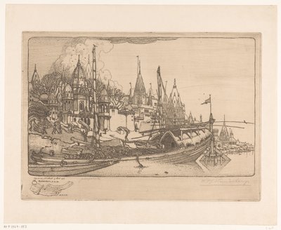Ship with Firewood on the Bank of the Ganges in Benares by Wijnand Otto Jan Nieuwenkamp (signed by artist)