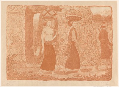 Women carrying objects on their heads at a temple in Bali by Wijnand Otto Jan Nieuwenkamp (signed by artist)