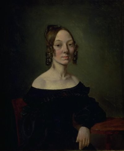 Portrait of a Girl in a Black Dress Sitting at a Table by Wilhelm Bendz