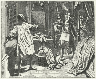 The murder of Albrecht von Wallenstein, Bohemian general in the army of the Holy Roman Empire in the Thirty Years War by Wilhelm Camphausen