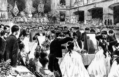 Demonstration of Hairstyling by the German Association of Hairdressers at the Berlin Concert House, 1887 by Wilhelm Geissler