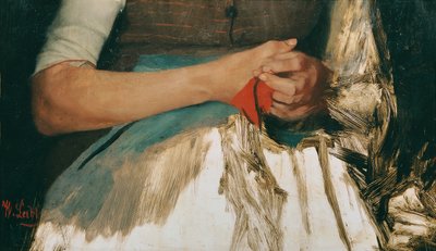 Two Hands with Red Cloth on Blue Apron by Wilhelm Maria Hubertus Leibl