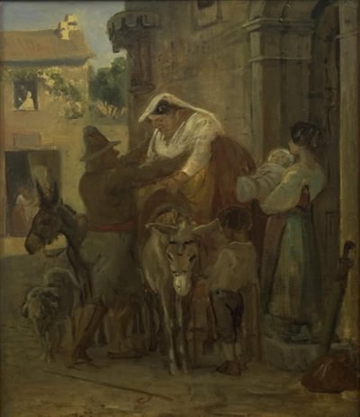 A Stout Roman Woman Being Helped onto a Donkey by Wilhelm Marstrand