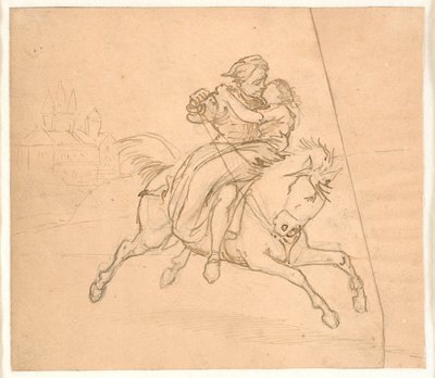 The Abduction. Riding Couple, Castle or Fortress in the Background by Wilhelm Marstrand