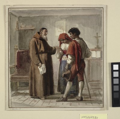 A Young Peasant Couple with a Monk in His Cell by Wilhelm Marstrand
