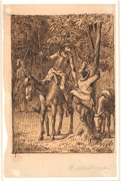 Before the Battle with the Knight of the Mirrors, Don Quixote Helps Sancho Panza Up a Tree by Wilhelm Marstrand