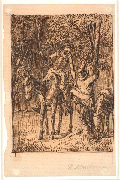 Before the Battle with the Knight of the Mirrors, Don Quixote Helps Sancho Panza Up a Tree by Wilhelm Marstrand