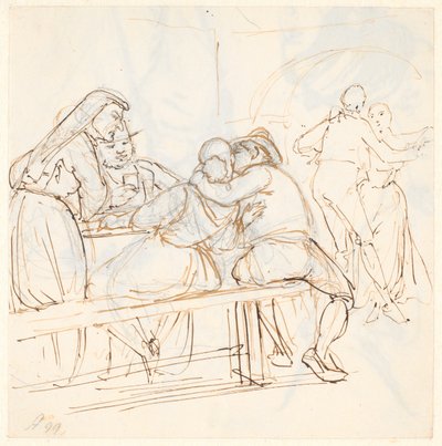 Easter scene, in the foreground a seated couple kissing by Wilhelm Marstrand