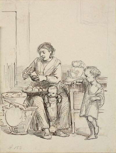 Two Children and a Woman Peeling Potatoes by Wilhelm Marstrand