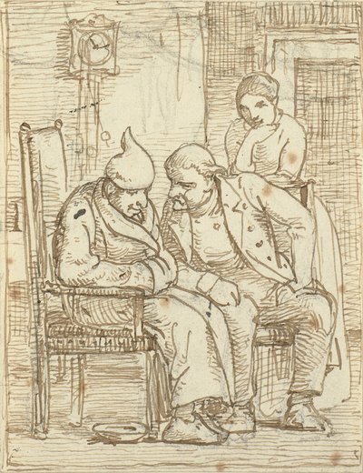 Two Men in Conversation, the Old Man on the Left with a Nightcap. Also a Woman by Wilhelm Marstrand