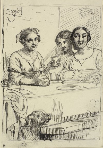 Three Girls at a Table, with a Dog Under the Table by Wilhelm Marstrand