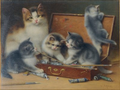 Mother Cat and her Kittens playing in a Paint Box by Wilhelm Schwar
