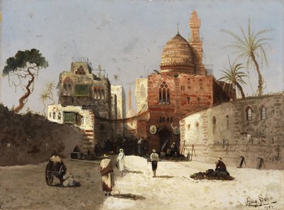 Oriental Street Scene with Mosque, Minaret, and Merchants on a Forecourt by Wilhelm Sohn