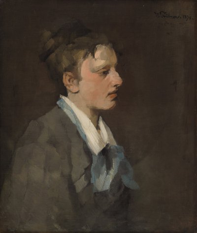 Brussels Woman with Blue Tie by Wilhelm Trübner