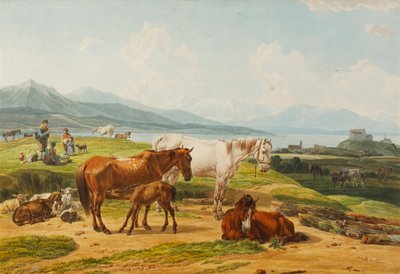 Alpensee and Pasture with Horses by Wilhelm von Kobell