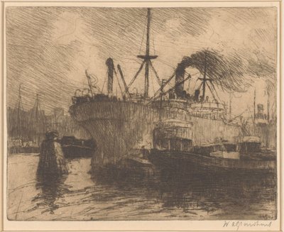 Moored Ships in the Harbor of Rotterdam by Willem Adrianus Grondhout (signed by artist)
