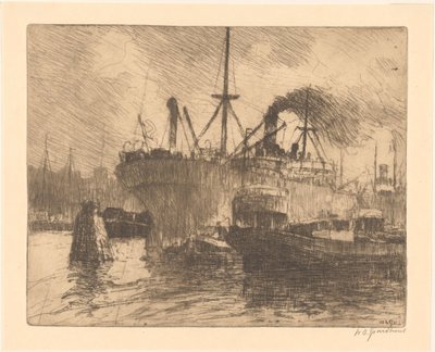 Moored Ships in the Port of Rotterdam by Willem Adrianus Grondhout (signed by artist)
