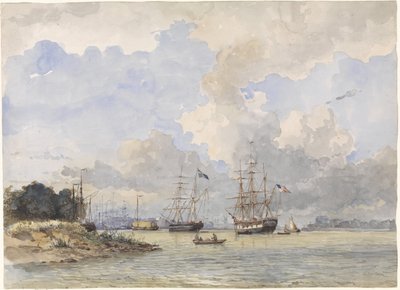 Maas Before Rotterdam, with an American and Swedish Ship by Willem Anthonie van Deventer