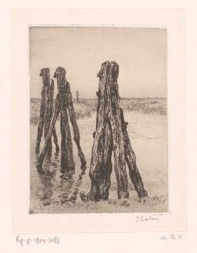 Three Mooring Posts in Low Water by Willem Bastiaan Tholen (signed by artist)