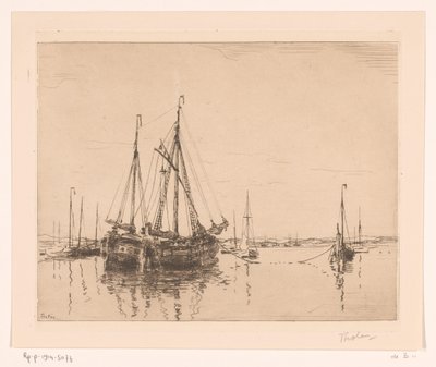 Harbor with Moored Two-Master (Harbor, Norderney) by Willem Bastiaan Tholen (signed by artist)