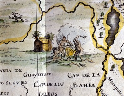 Brazil. Cannibals representing a man with an axe. Detail of a map of the Atlas of W. Blaeu by Willem Blaeu