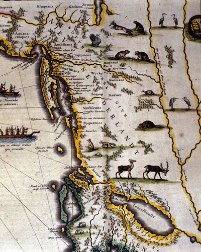 Geographic map of the 17th century Dutch Atlas by Wilhelm Blaeu showing American and Canadian territories fur animal peoples. The North is below according to medieval custom. by Willem Blaeu