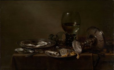 Still Life with Oysters, a Silver Tazza, and Glassware by Willem Claesz. Heda