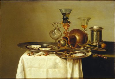 Still life with a roemer on a gilt stand, stoneware and oysters by Willem Claesz. Heda