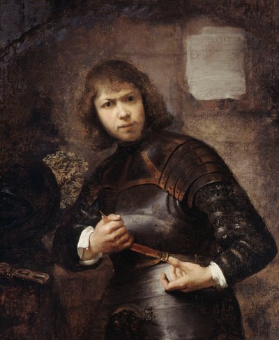 A Soldier, standing three-quarter length, buckling his belt by Willem Drost