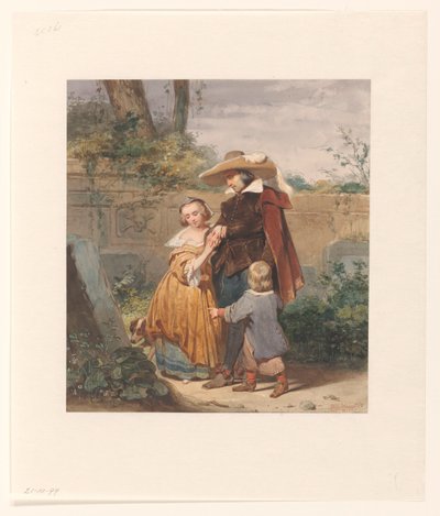 A Father with Two Children at the Mother