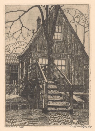 House with Bridge in Westzaan by Willem Jansen (graveur) (signed by artist)