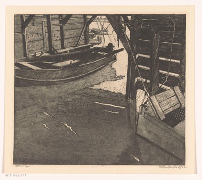 Interior of a Boat House with a Fish Crate and a Boat with Built-in Fish Crate by Willem Jansen (graveur) (signed by artist)