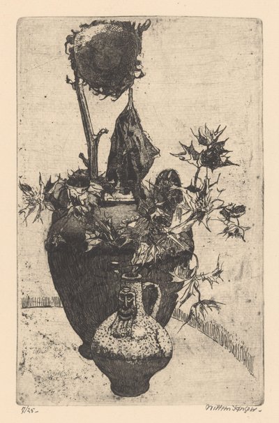 Still life with withered sunflower by Willem Jansen (graveur) (signed by artist)