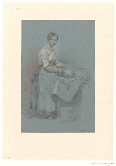 Maid standing by table with copper pan by Willem Johannes Adrianus Wijnandus Voorn Boers