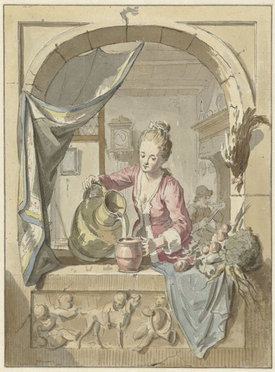 Woman Pouring Milk from a Jug, in a Window by Willem Joseph Laquy