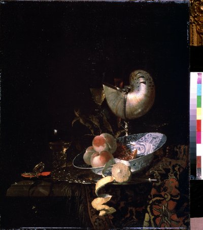 Still Life with a Mother-of-Pearl Goblet. Peaches, Lemon with Peel and Glass of Wine by Willem Kalf